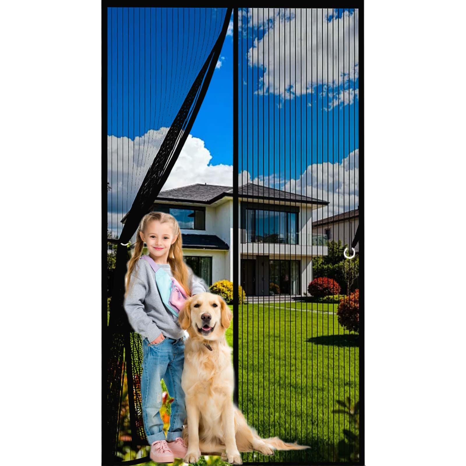 Magnetic Door Screen 130x210cm(WidthxHigh) Powerful Magnets and Full Frame Magic Tape, No Drill Installation Mosquito Proof Door Curtains Lets Fresh Air in, Hundreds of Sizes, Black