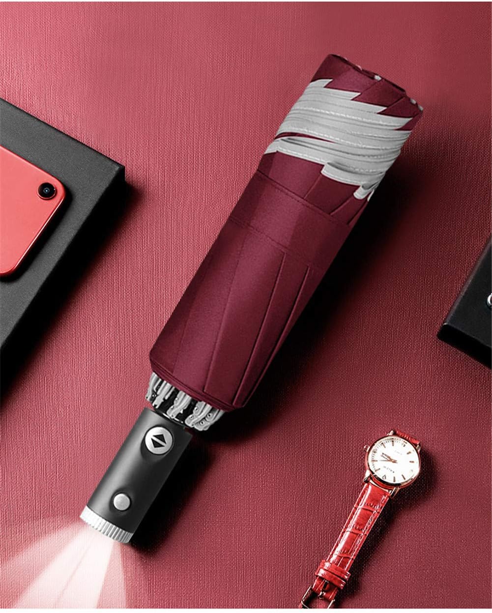 CXYY Flashlight automatic reverse umbrella ten bone umbrella reflective strip folding sunny and rain tri-fold Travel umbrella,Red