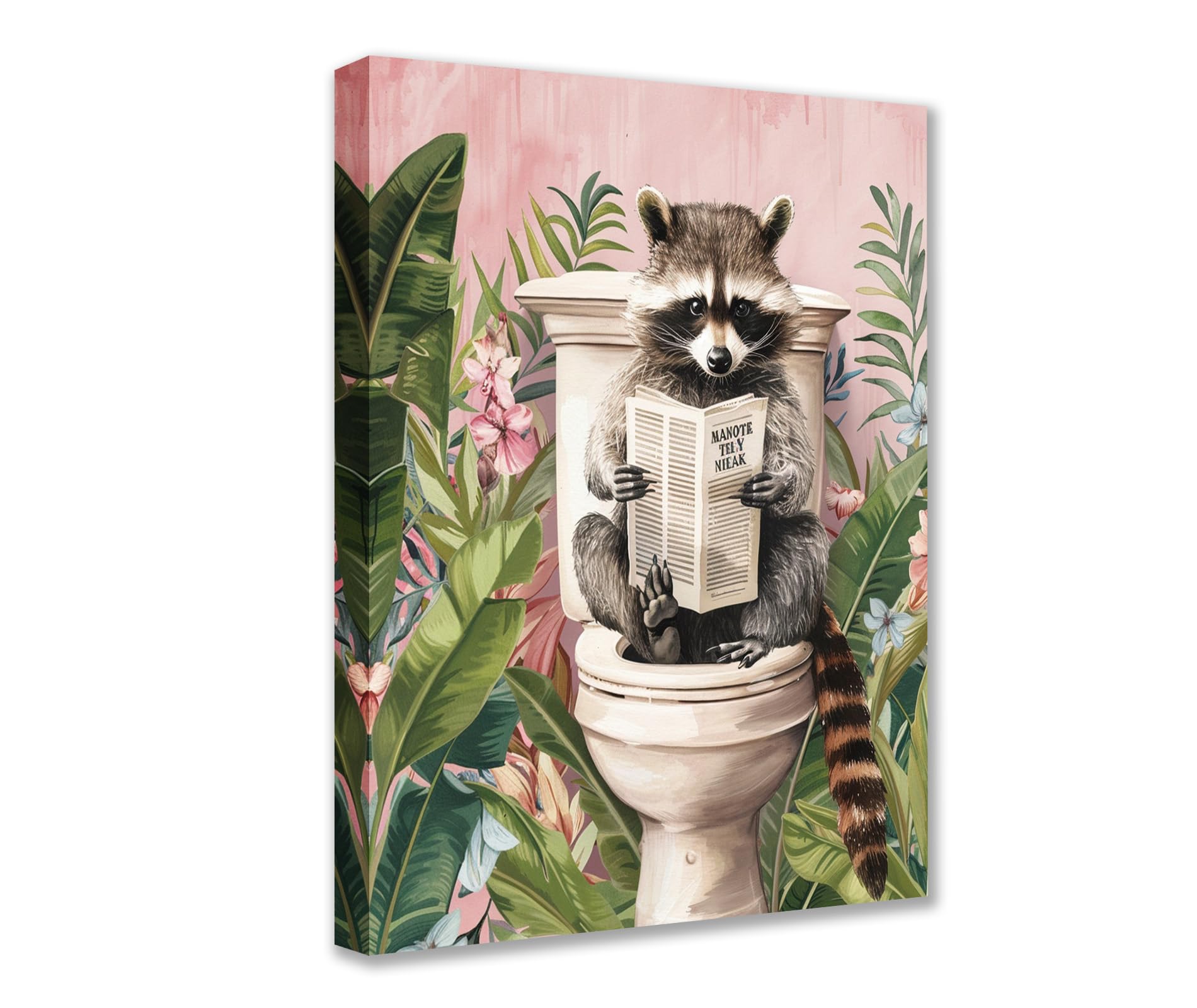 Cute Raccoon on Toilet Canvas Wall Art Animal Read Newspaper Picture 1P Tropical Plant Posters Prints Cute Modern Artwork for Living Room Bedroom Home Decor Framed Gallery-Wrapped Ready to Hang