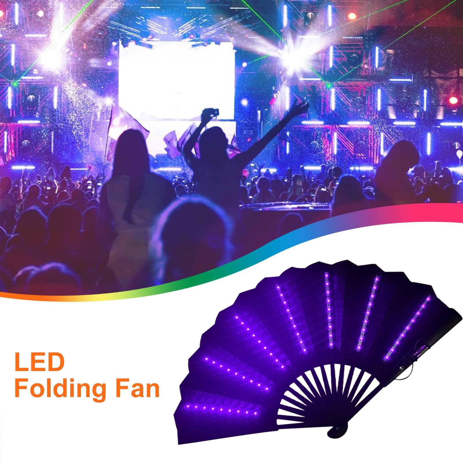 Ventilador de mano plegable LED, ventilador chino portátil con luz, ventiladores iluminados a pilas para festivales, escenarios, bailes, discotecas, carnavales, accesorios (morado)