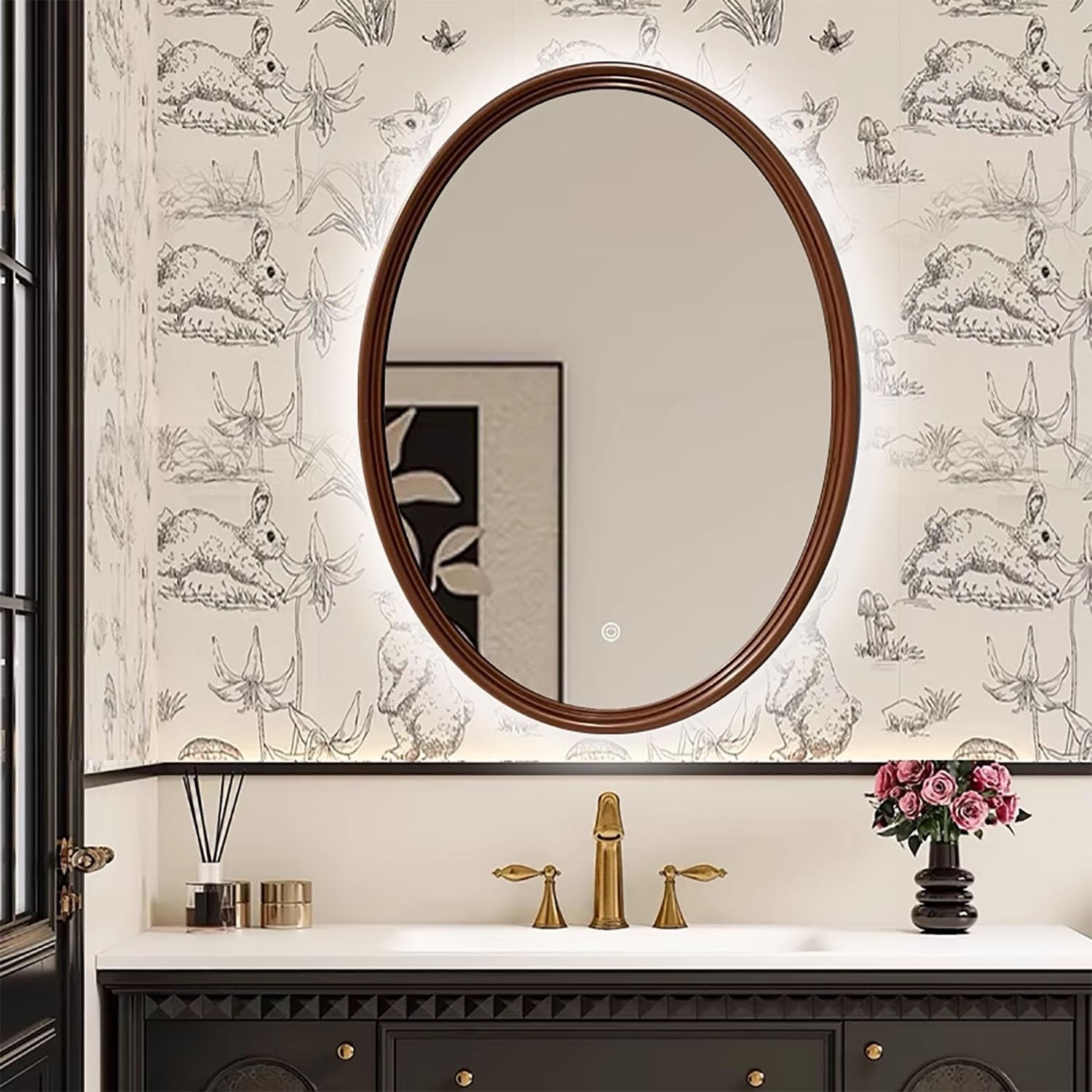 FGXHHS Dimmable Oval Antique French Vanity Mirror with Elegant Vintage Frame, Baroque Inspired for Bathroom, Entryway, and Living Room