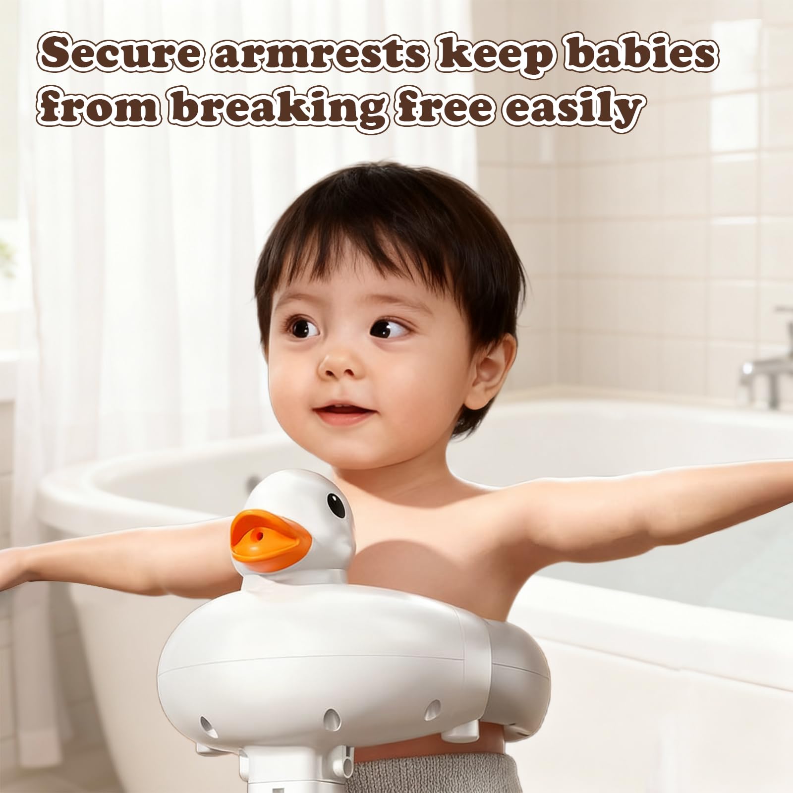 Support de Bain Bébé Debout avec Canard Sonore, Douchette Bébé Bain Réglable en Hauteur, Siège de Bain pour Bébé Antidérapant pour 6 Mois à 3 Ans, Idéal pour Salle de Bain Familiale et Crèches