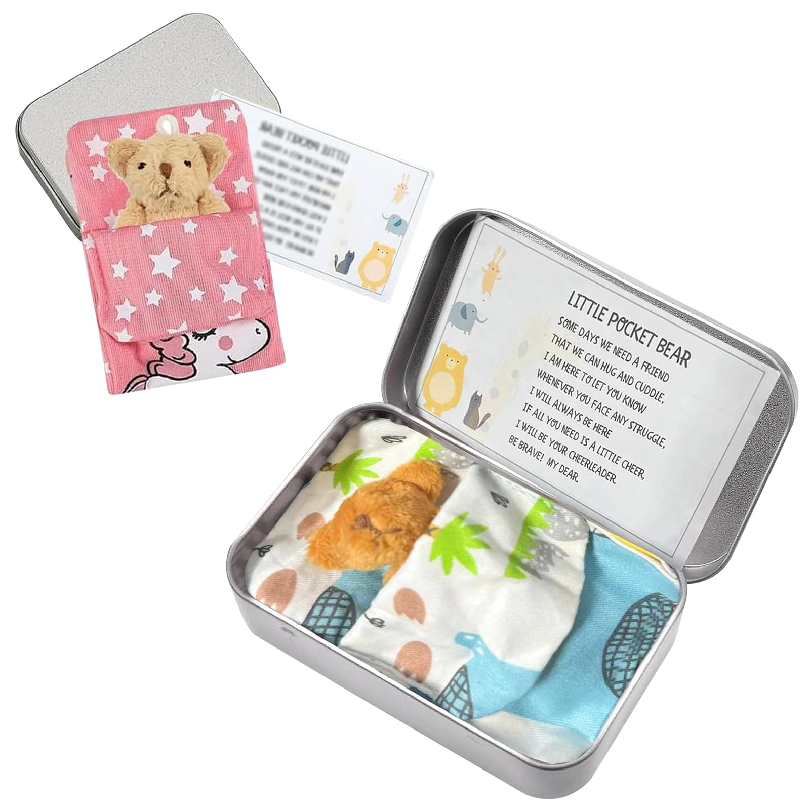 DAVBNM 2 Pcs Little Pocket Bear Hug in a Tin Box Pocket Hug Plush Toys Mini Stuffed Worry Bear Tiny Teddy Bear in a tin Thinking of You Get Well Soon Gifts Lover Friend Couple for Women