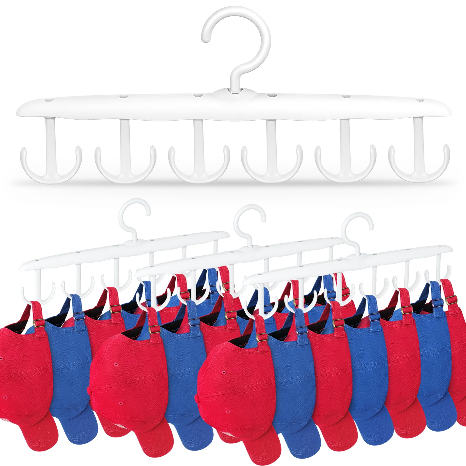 XQXAHat Hangers for Closet, 4-Pack Hat Organizer for Baseball Caps, 360-Degree Rotation Hat Holder Storage with 12 Hooks, Organizador de Gorras - Gift for Men, Women, White