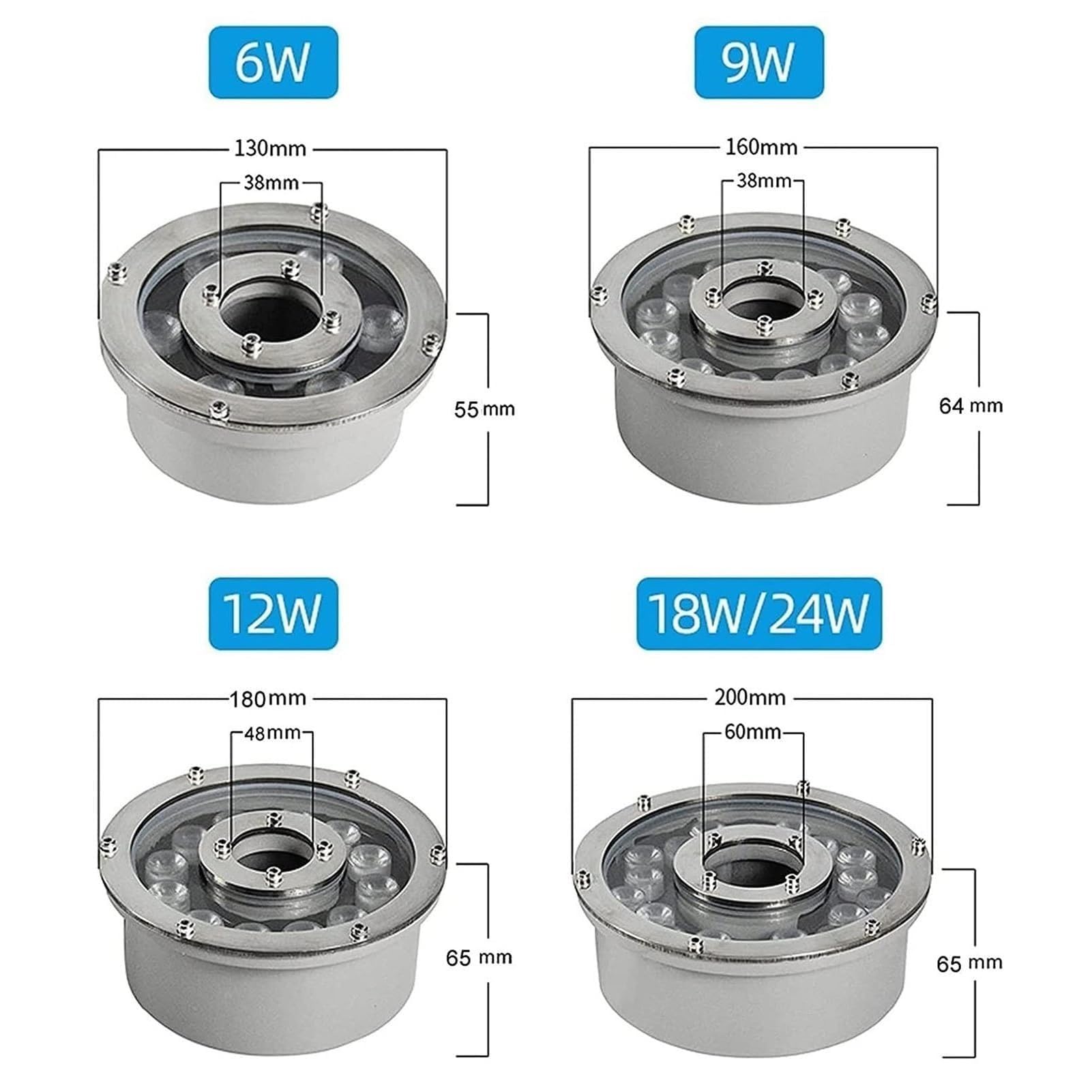 Podwodne światło LED do basenu, zanurzalna lampa fontannowa LED, 12/24 V, niskie napięcie, środkowy otwór, światła stawowe, wodoodporne IP68, oświetlenie krajobrazu ze stali nierdzewnej, do akwarium