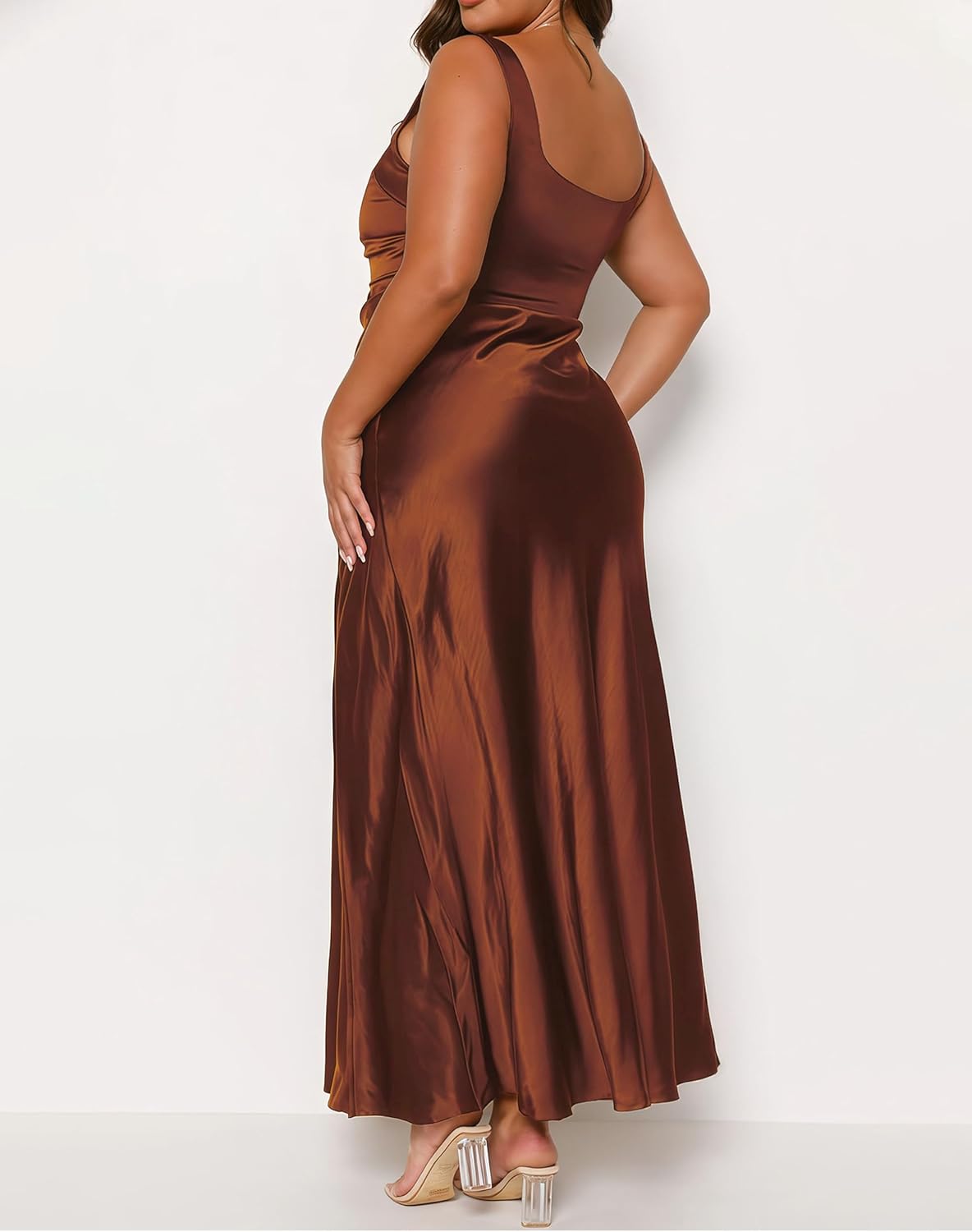 Fiemaoves Summer Vacation Satin Maxi Dresses for Women 2025 Square Neck Formal Elegant Tank Top Wedding Guest Dress with Slit - Image 4