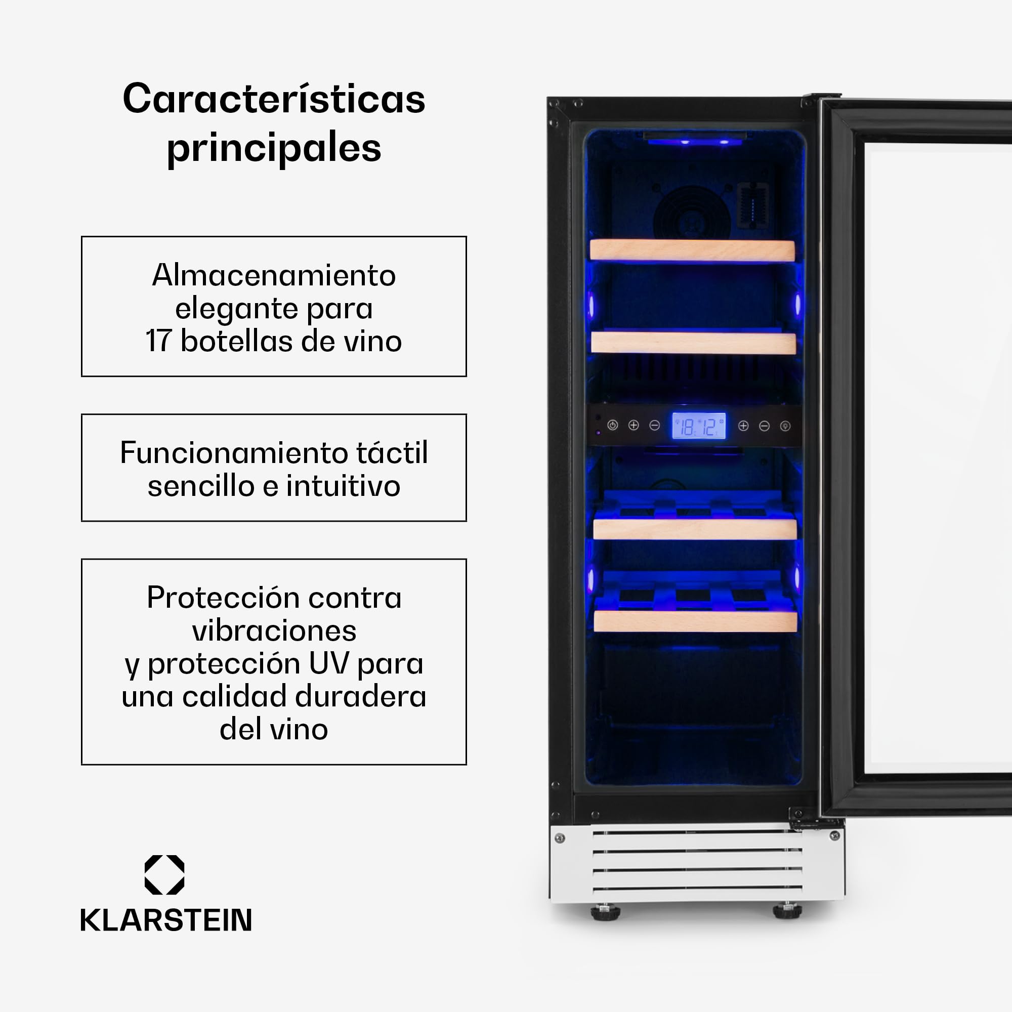 KLARSTEIN Vinoteca, Nevera para Vinos con 2 Zonas Refrigeración, Botellero Puerta Cristal para Vino, Proseco, Expositor Interior y Exterior, Panel Táctil, 53 L., Vinoteca Capacidad 17 Botellas — view 2