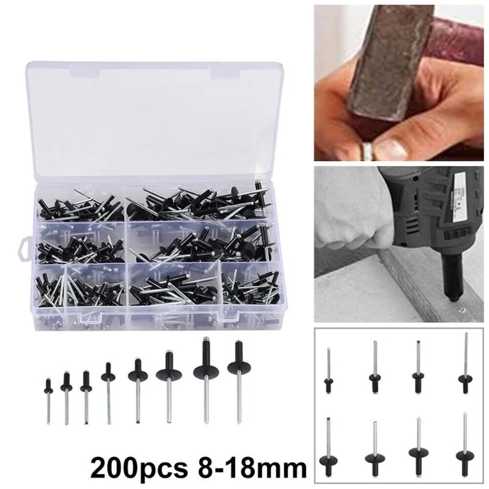 Rivet Lot de 200 rivets aveugles en aluminium noir à tête de champignon pour décoration de meubles 8-18 mm