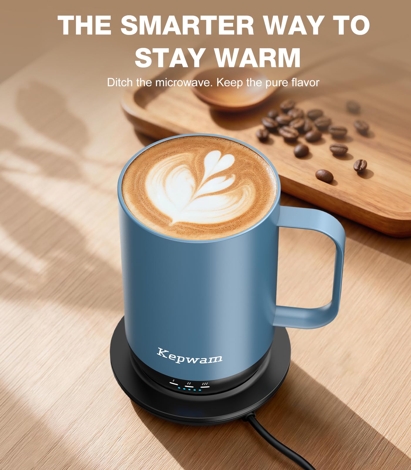 Kepwam Taza de café con calefacción T1-16 onzas, calentamiento rápido y mayor duración de la batería, taza de café autocalentable hasta 65.0 °C, botón físico y control por aplicación, taza calentadora