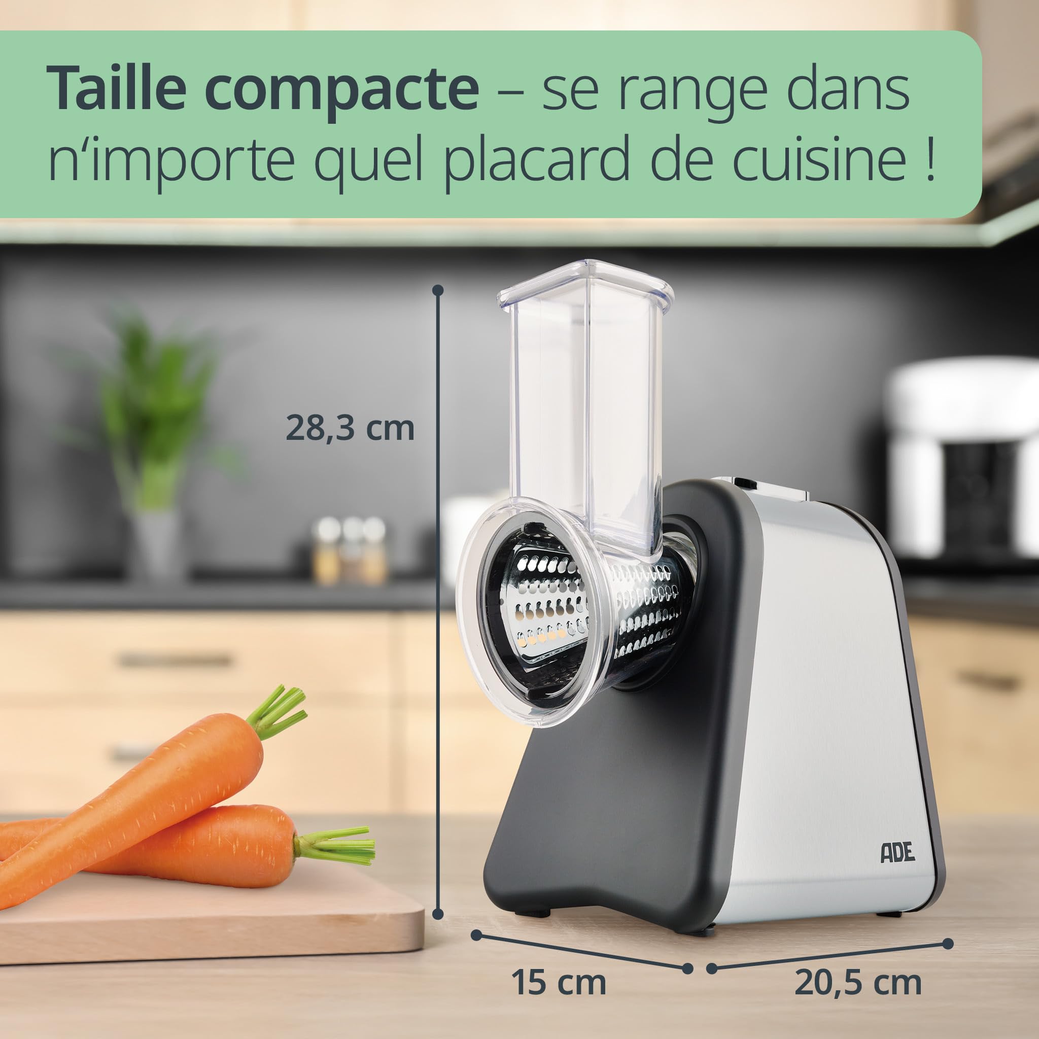 ADE Râpe de cuisine électrique | max. 500 W | découpe legumes facilment, fromage, carottes, chocolat | coupe légumes | 4 accessoires | boîtier en acier inoxydable