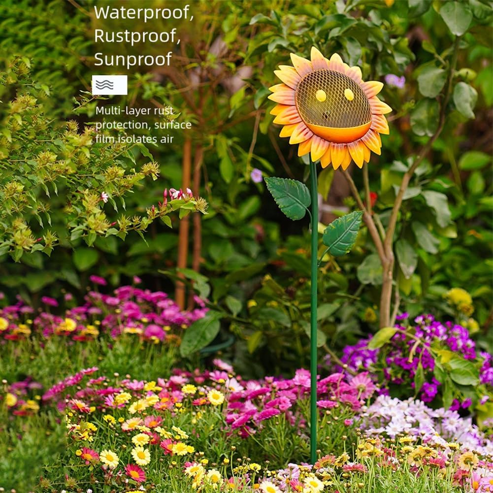 Sturdy Sunflower Bird Feeder Tray - Metal Construction Outdoor Garden, Stable Ground Stake Feeding & Watering Birds