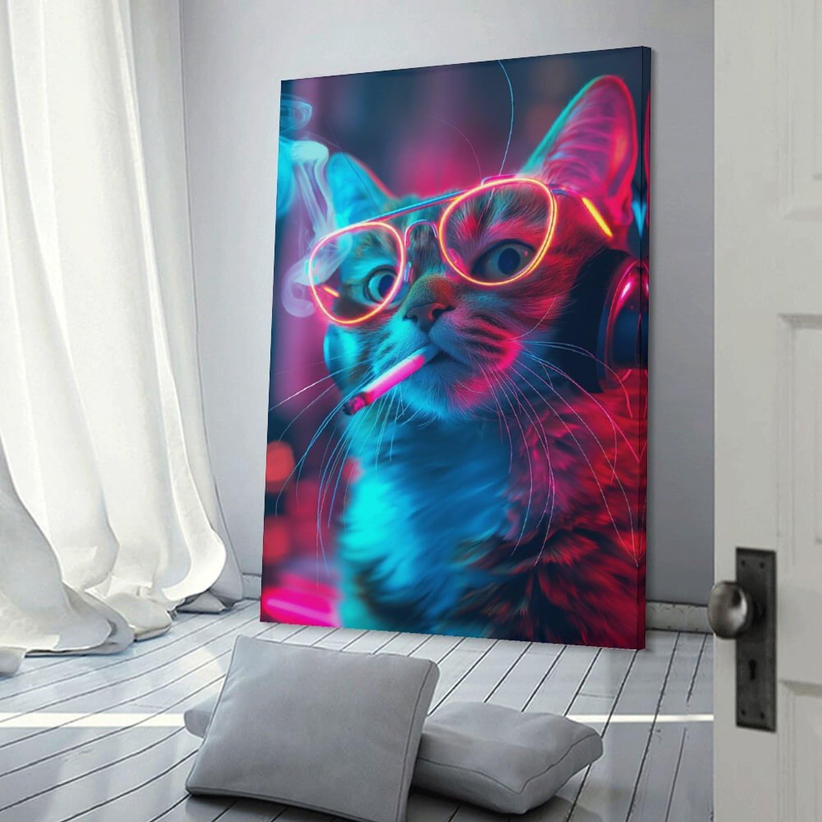 Junmoney Wall Picture Print Cool Cat in Neon Lights, 08x12inch(20x30cm), for Workspace Walls, Study Corners Or Bedrooms, A Smart Decor Choice for Study Walls