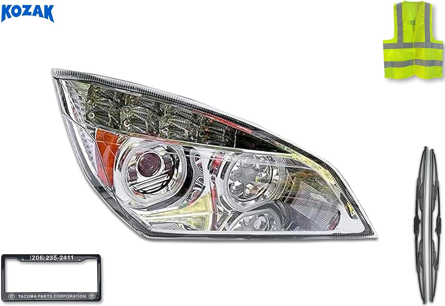 Full LED Performance Headlight with LED Turn Signals Chrome Housing Right Passenger Side compatible with Freightliner Cascadia 2018+ PLUS Logo, 2x 22 Wipers, License Plate Frame and Vest