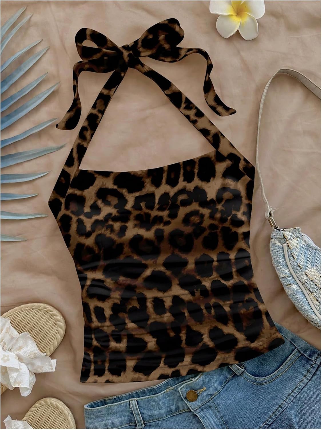 Verdusa Women's Plus Size Y2K Leopard Halter Top Rave Club Ruched Backless Crop Tops - Image 4