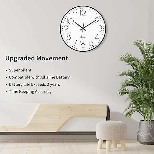 Miniatura 3 de Foxtop Reloj de pared sin tictac de 12 pulgadas, silencioso, funciona con pilas, redondo, de cuarzo, moderno, para oficina, escuela, cocina,