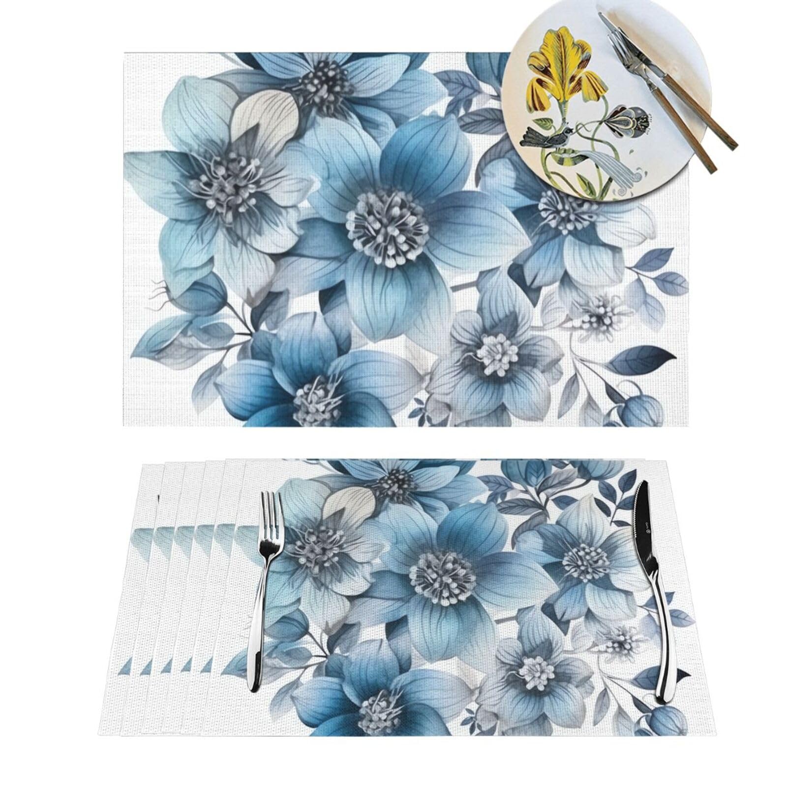 Sets de table tissés motif fleurs bleues réalistes résistants chaleur