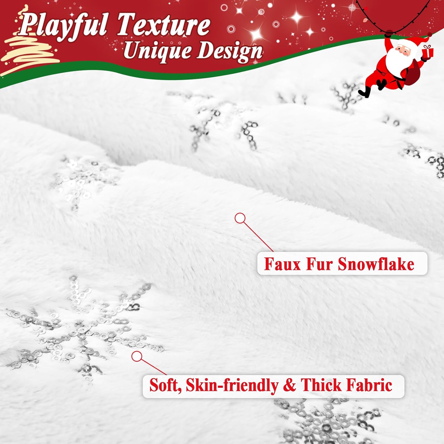72 Inches Christmas Tree Skirt for Xmas Tree Holiday Party Decorations White Plush Silver Sequin Snowflake