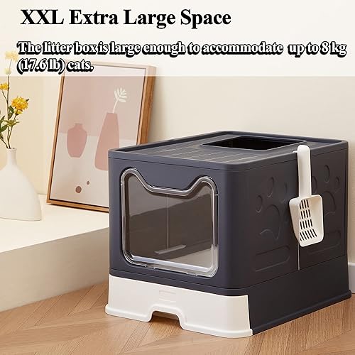 Miniatura 2 de Vealind Caja de arena plegable para gatos con tapa, entrada frontal y salida superior, XXL, extra grande, cubierta de espacio, cajas de arena para