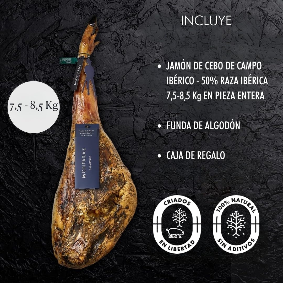 MONTARAZ® Jamon Iberico de Cebo de Campo | 50% Raza Ibérica | Curación 24 Meses | Pieza Entera de 7,5-8,5 kg | Jamón Ibérico de Cebo de Campo Calidad Gourmet | Sin Aditivos ni Conservantes — view 4
