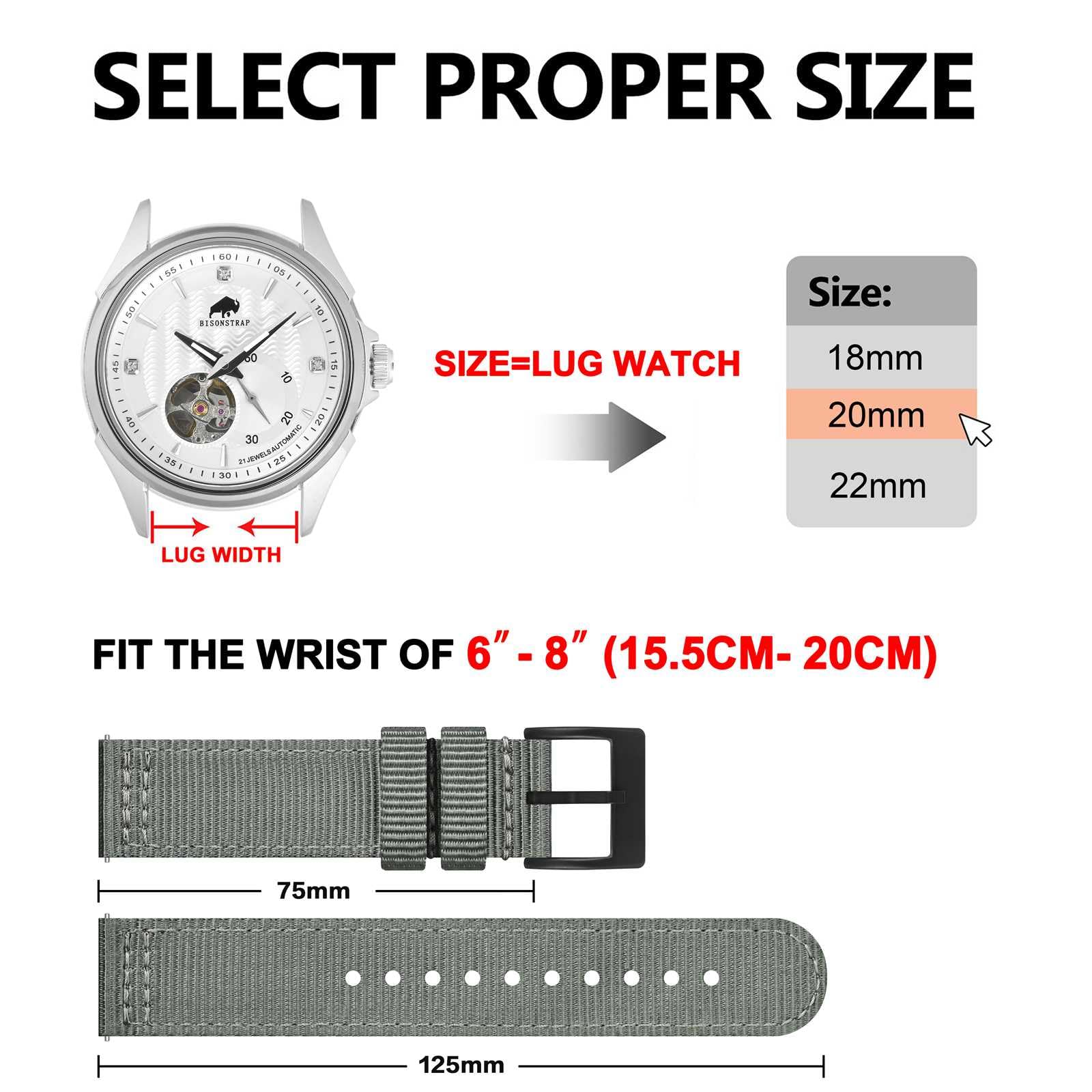 BISONSTRAP Cinturini in Nylon da Uomo, Cinturino per Orologi Militari, Sgancio Rapido, Fibbia Spazzolata, Larghezza Cinturino 18mm 19mm 20mm 22mm