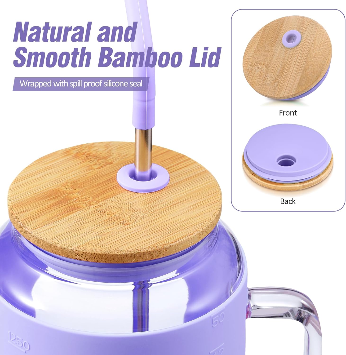 50 oz Glass Water Bottles with Silicone Sleeve,Glass Tumbler with Lid and Straw,Iced Coffee Cup with Handle,BPA Free-Purple - Image 5