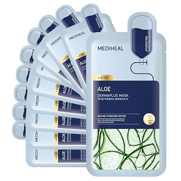 MEDIHEAL Dermaplus Aloe Mask 10 Counts - Daily Vegan Mask for Hydrating Skin with Panthenol & Hyaluron, Korean Self Skin Care Sheet Mask