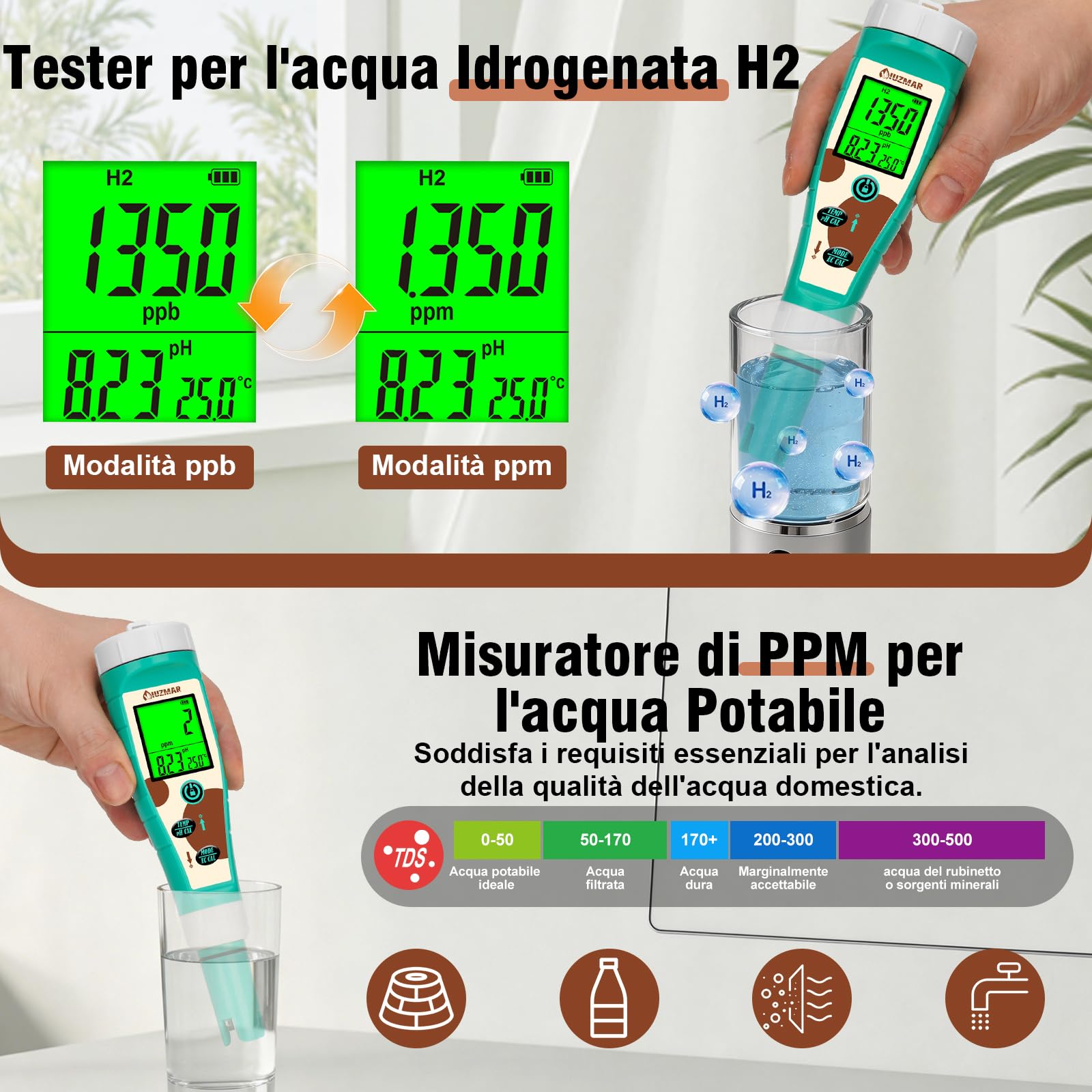 UIUZMAR Misuratore di pH e Sale cloro per piscina, Tester di pH e ORP per Idrogeno per Acqua Potabile, 8 in 1 pH, Sale, Cloro, H2, ORP, EC, TDS, Temperatura per Idroponica, Acquario