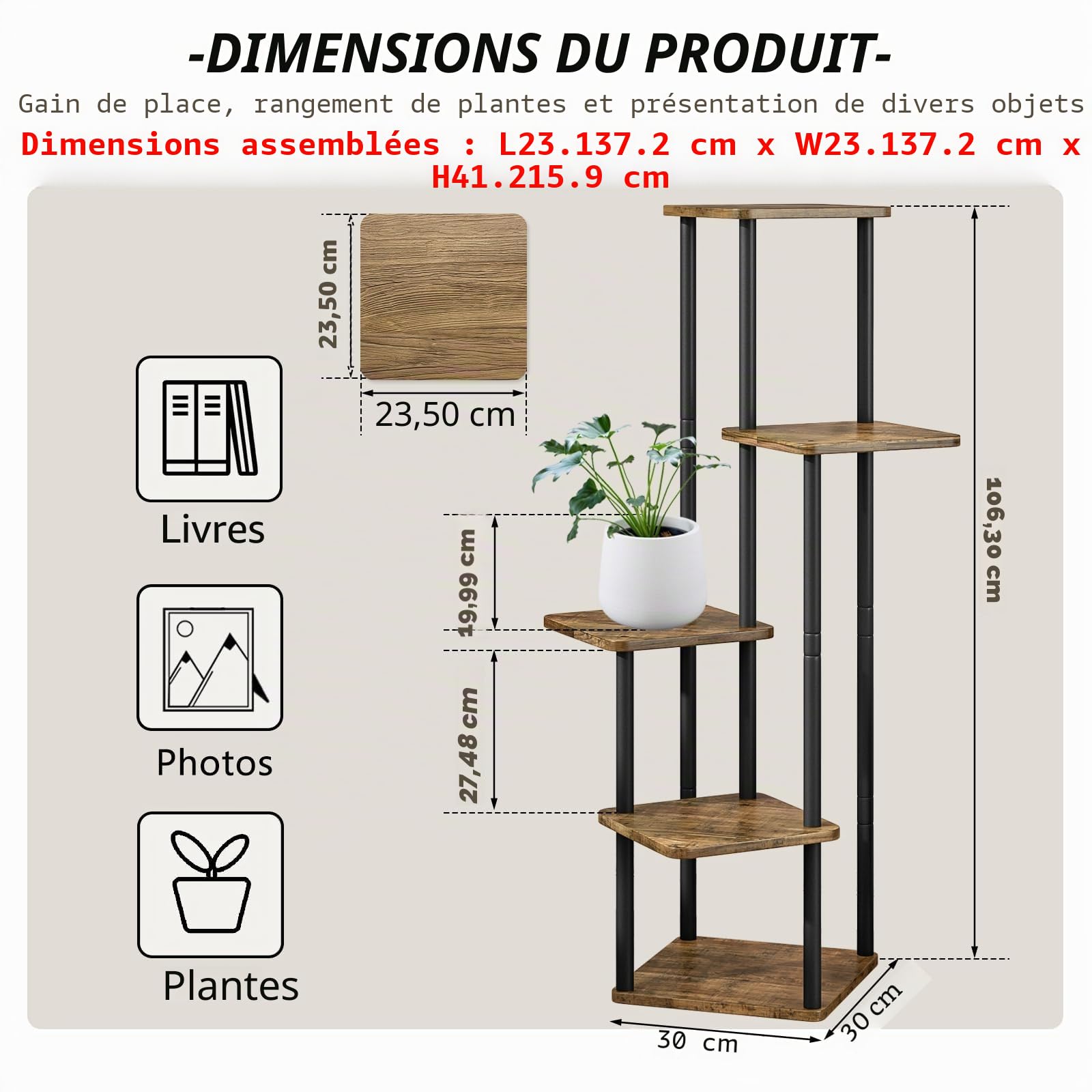 Étagère d'intérieur pour plantes, pour terrasse, jardin, salon, balcon, chambre à coucher, 5 niveaux, noir