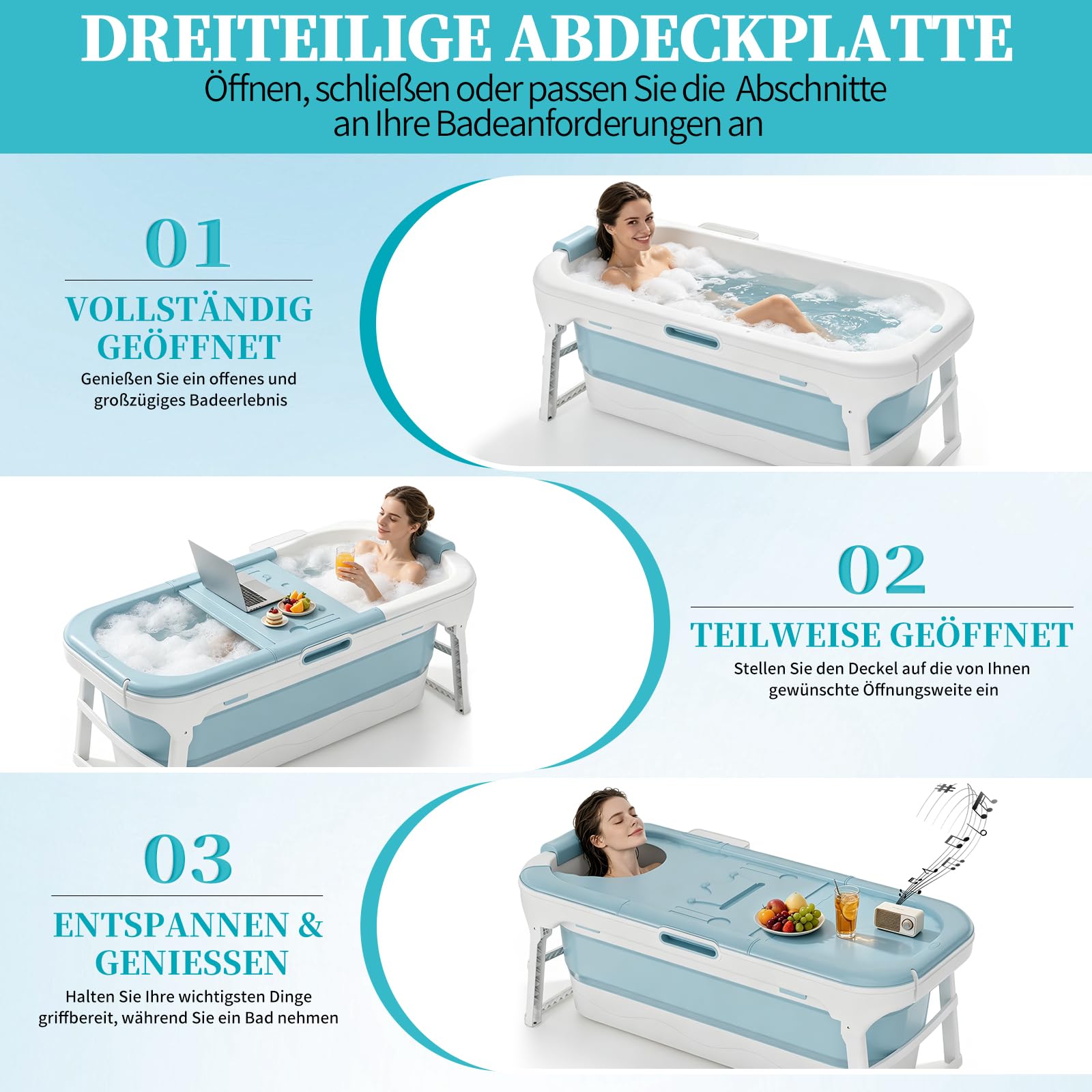 LZQ Vasca da bagno pieghevole per adulti – mobile con copertura rimovibile, rullo massaggiante, scaffale per magazzino, PP+TPE, pieghevole, per bagno SPA, 148 x 62 x 53 cm, blu