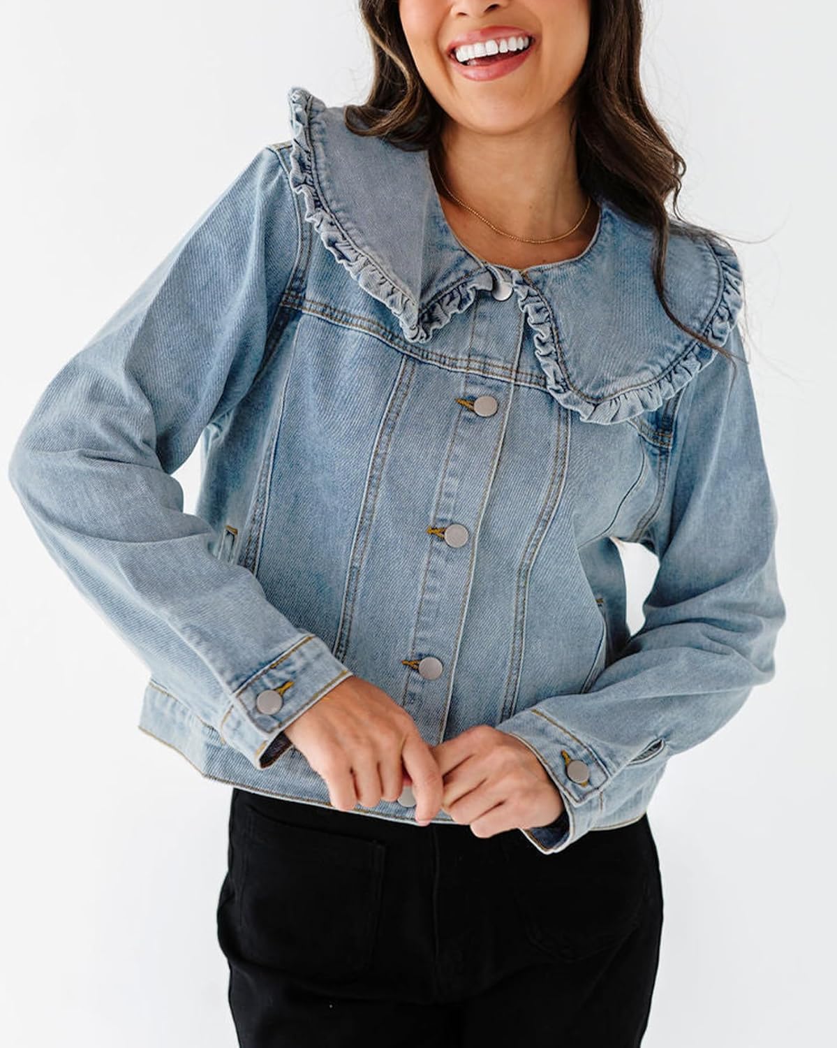 Kedera Women's Jean Jacket Cropped Denim Jacket Long Sleeve Peter Pan Collar Button Down Jean Shirt Crop Top - Image 4