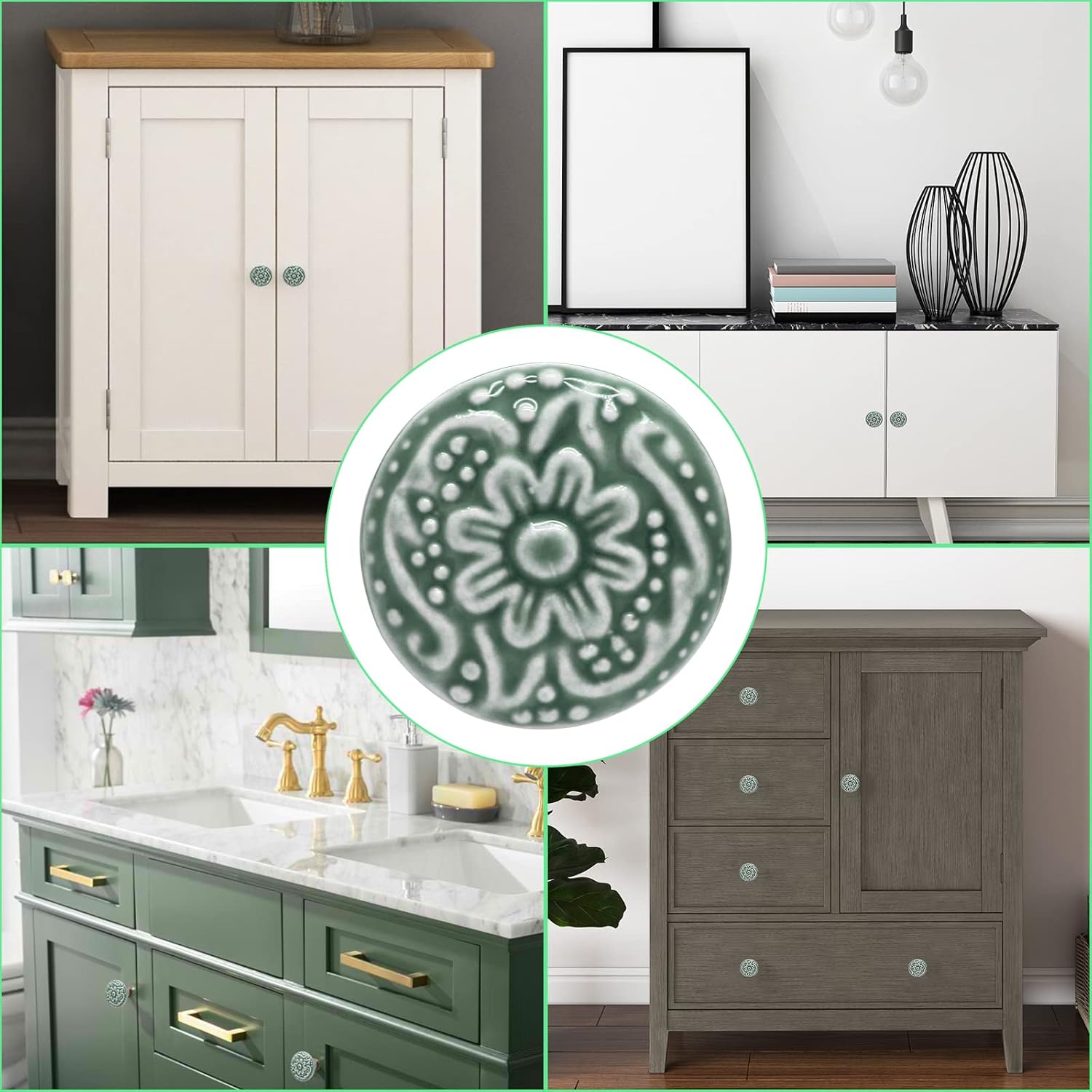 Piutouyar Green Ceramic knobs, Kitchen Cabinet Knobs, Retro Dresser Knobs, Drawer Knobs, Furniture Decorative Knobs and Pulls for Drawer, Dressers, Cupboard, Closet, 34mm / 1.3Inch Diameter(10Pcs)