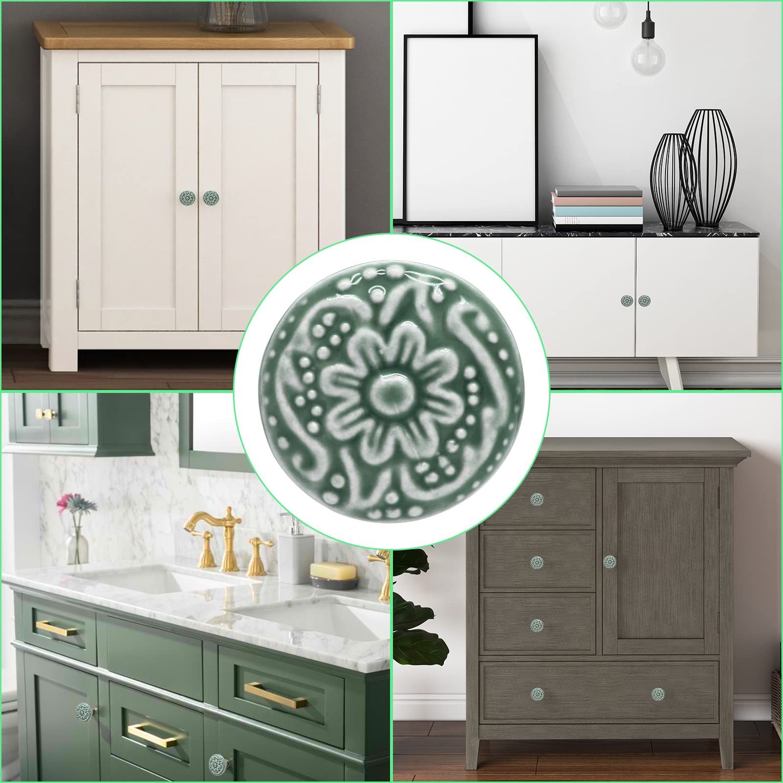 Piutouyar Pomelli in ceramica verde, pomelli per armadio da cucina, pomelli per cassetti e cassetti, pomelli decorativi per mobili, per cassetti, credenze, armadi, armadi, 34 mm di diametro (10 pezzi)