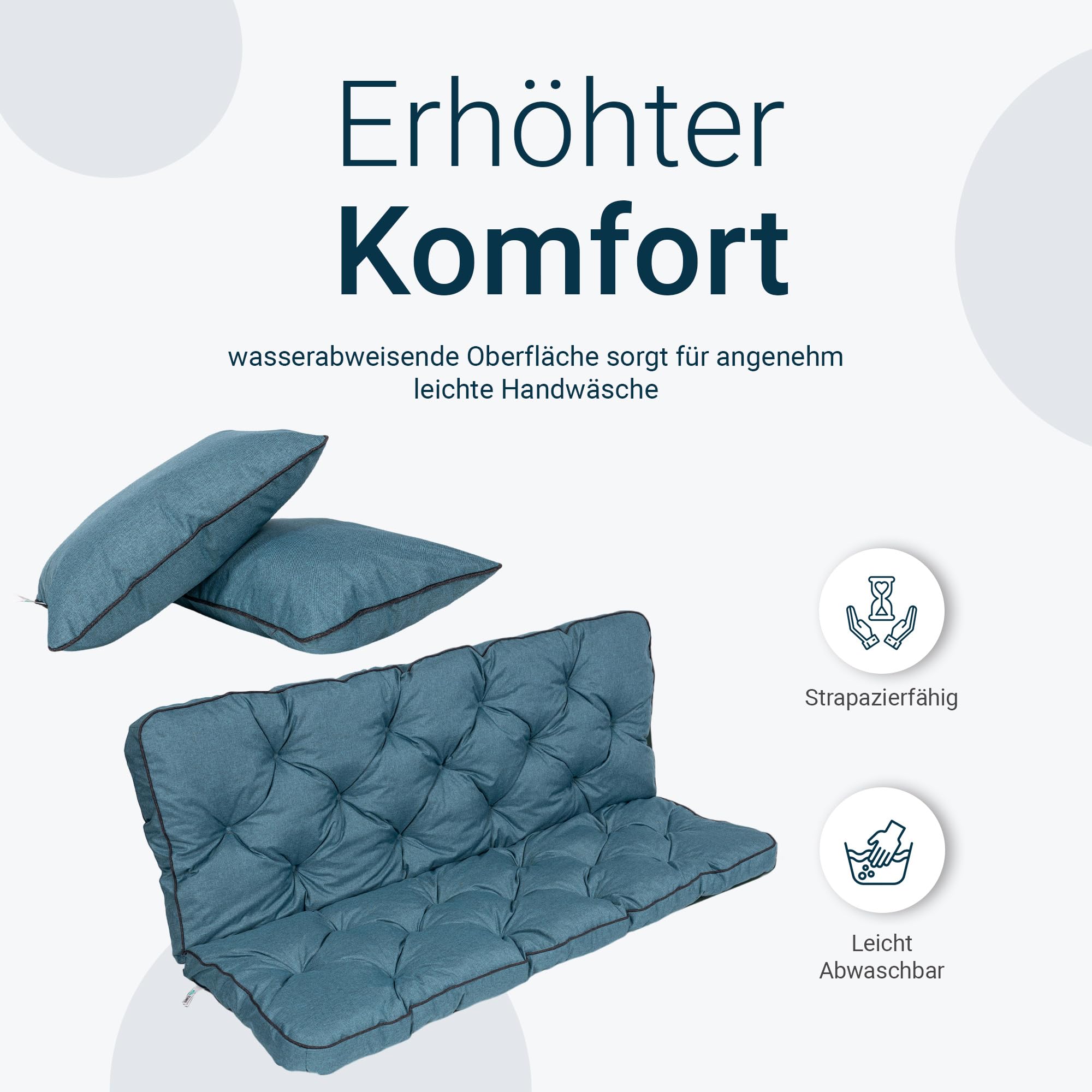 TexDeko® Bankauflage mit Rückenlehne für Hollywoodschaukel 170 x 50 x 56cm Gartenschaukelkissen gemütliche Sitzauflage Gartenbankauflage Polsterauflage wasserabweisend UV-beständig (Türkis)