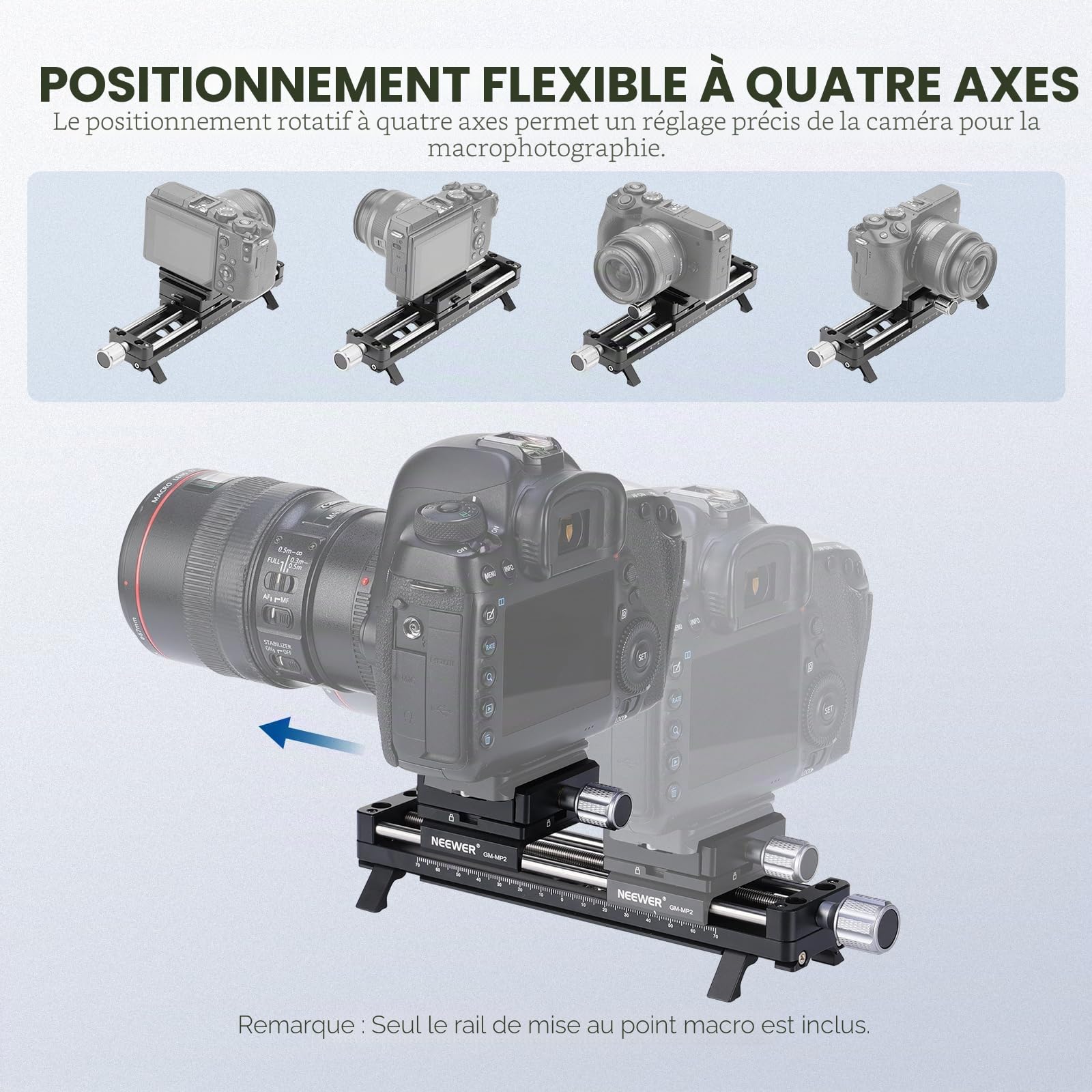 NEEWER GM-MP2 Rail de Mise au Point Macro 140 mm avec Rotation à 360°, Verrouillage 4 Directions, Pieds rétractables, Plaque QR de Type Acra, vis 6,35 mm et 3/8" pour Photographie Macro, Prise de Vue