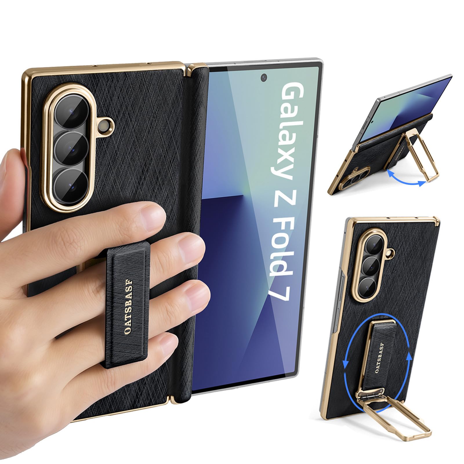 Custodia in pelle per Samsung Galaxy Z Fold 7, con supporto per dita, girevole a 360 gradi, protezione militare, resistente agli urti, antigraffio, per Z Fold7, colore: nero