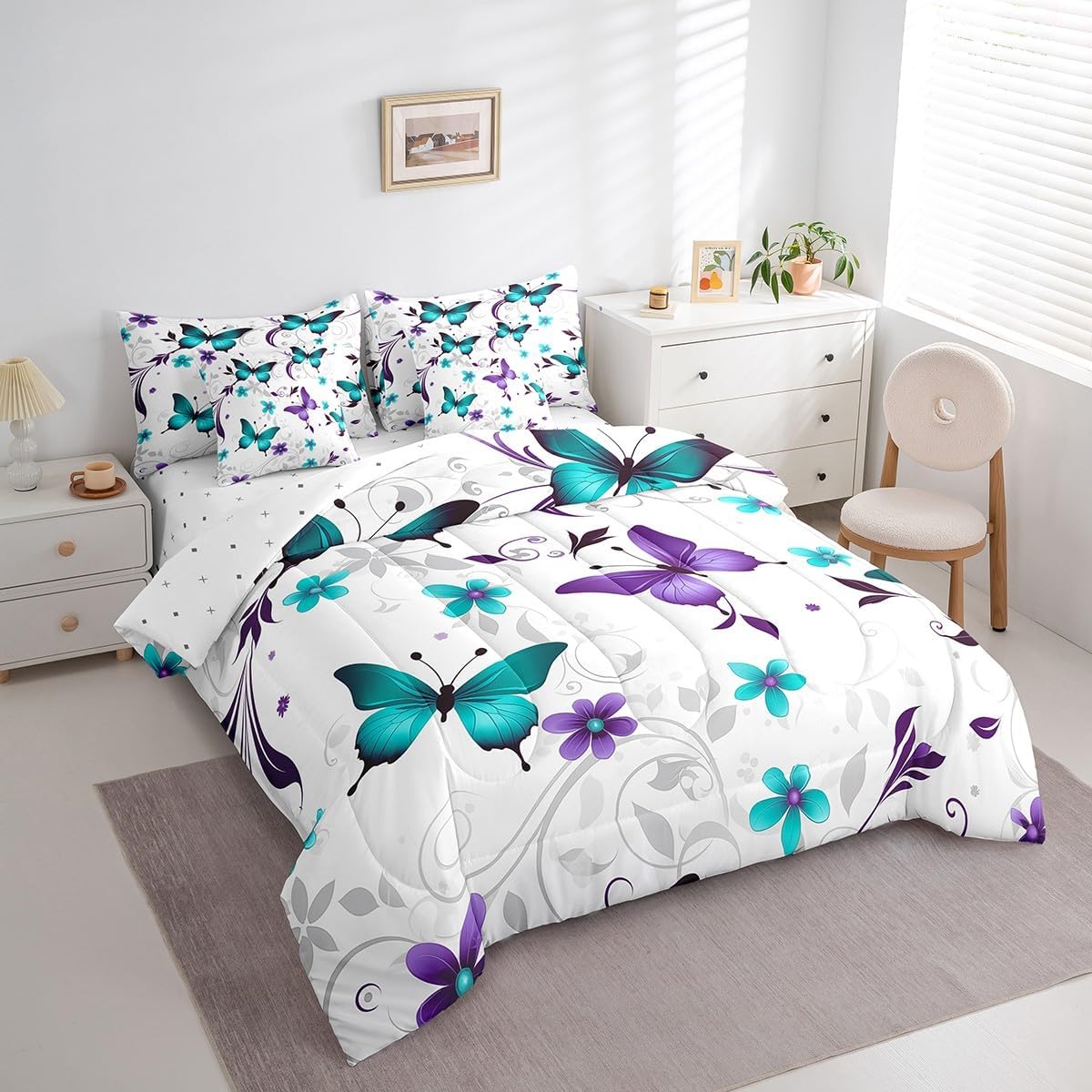 Erosebridal Butterfly Queen Comforter Set with Sheets, 7-Piece Flower Butterfly Bedding Set for Kids Bed in a Bag(1 Comforter, 1 Flat Sheet 1 Fitted Sheet 2 Pillowcases and 2 Throw Pillow Covers)