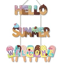 Putuo Decor Ice Cream Hello Summer Welcome Hanging Sign Set, Connected Popsicle Wall Door Decor for Porch Patio Kitchen Entryway, Sweet Treat Theme Party Classroom Office Shop Display