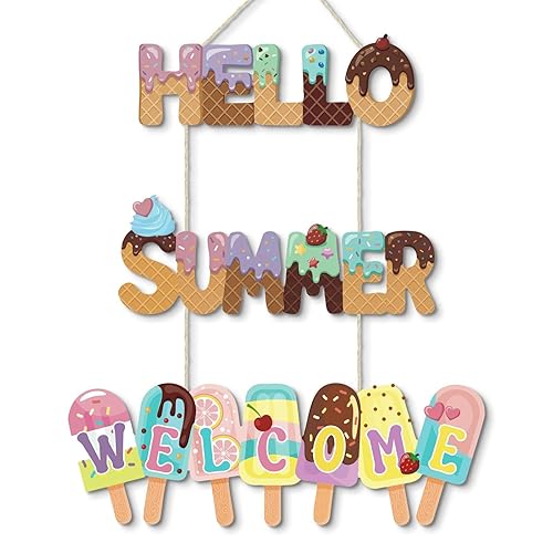 Putuo Decor Ice Cream Hello Summer Welcome Hanging Sign Set,