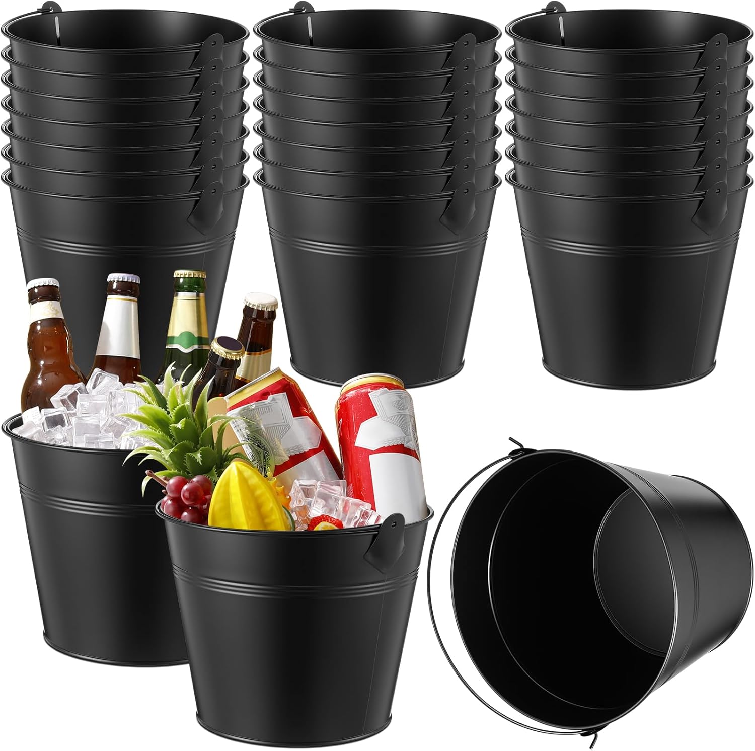 24 pcs metal beer bucket bulk ice bucket ice pails with handle champagne soda party beverage chiller for summer picnic pool wedding party supplies wine champagne bar(black,9.1 x 7.1 x 6.7") black 9.1 x 7.1 x 6.7"