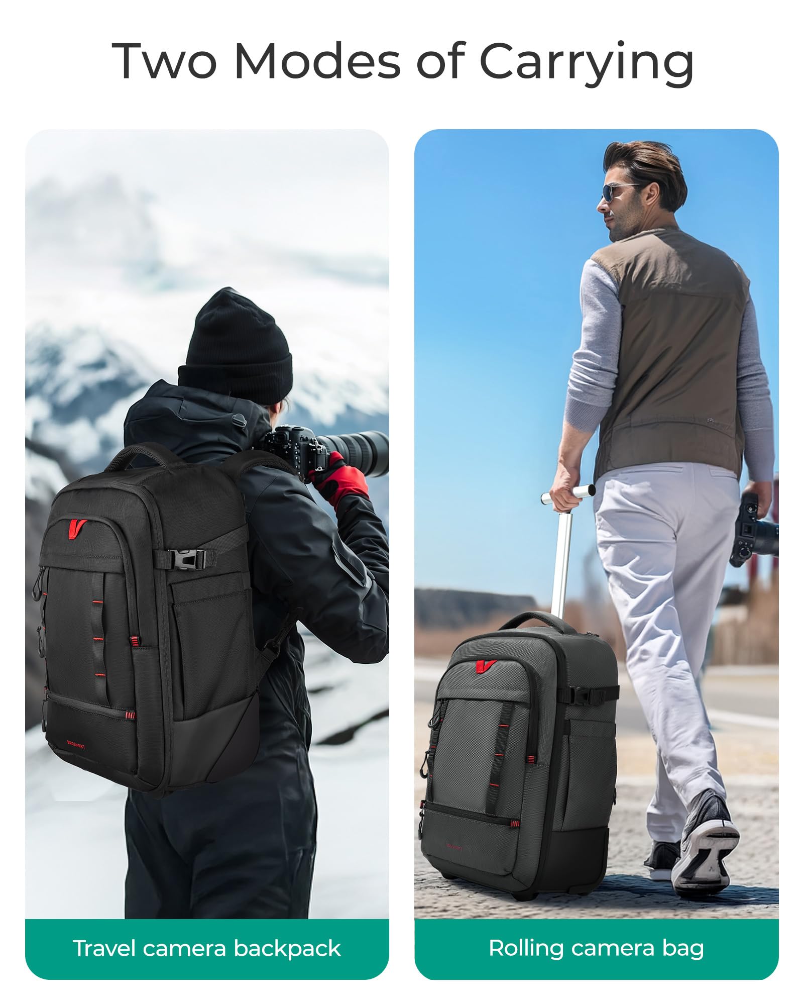 BAGSMART Rolling Camera Bag for DSLRs, Professional Large Camera Backpacks for Travelling Photographers, Photographic Rolling Case & Travel Suitcase, Black