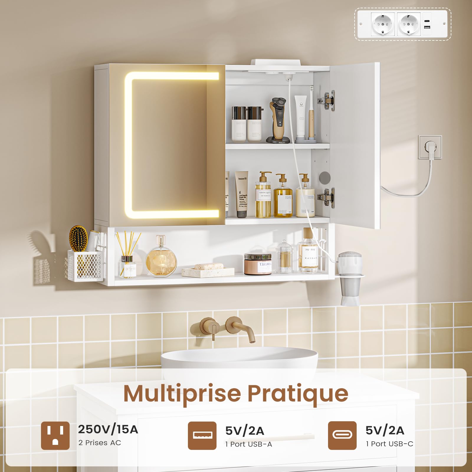 Armoire Murale Salle de Bain avec Éclairage LED et Prises, Armoire de Toilette Miroir avec Étagère Réglable, Température de Couleur Réglable, Meuble de Salle de Bain 60x16x60cm, Blanc