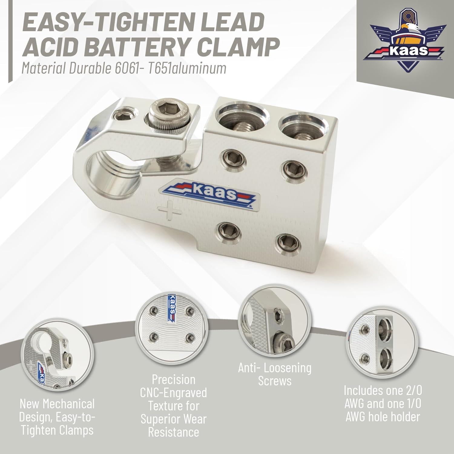 Kaas Lead Acid Battery Terminal Clamps Set – Metallic Silver + Red/Blue Positive and Negative Set, 4-Way Connectors, Includes OEM Top Post Adapter and Battery Post Adapter, for SAE/DIN/EN Tapered Top