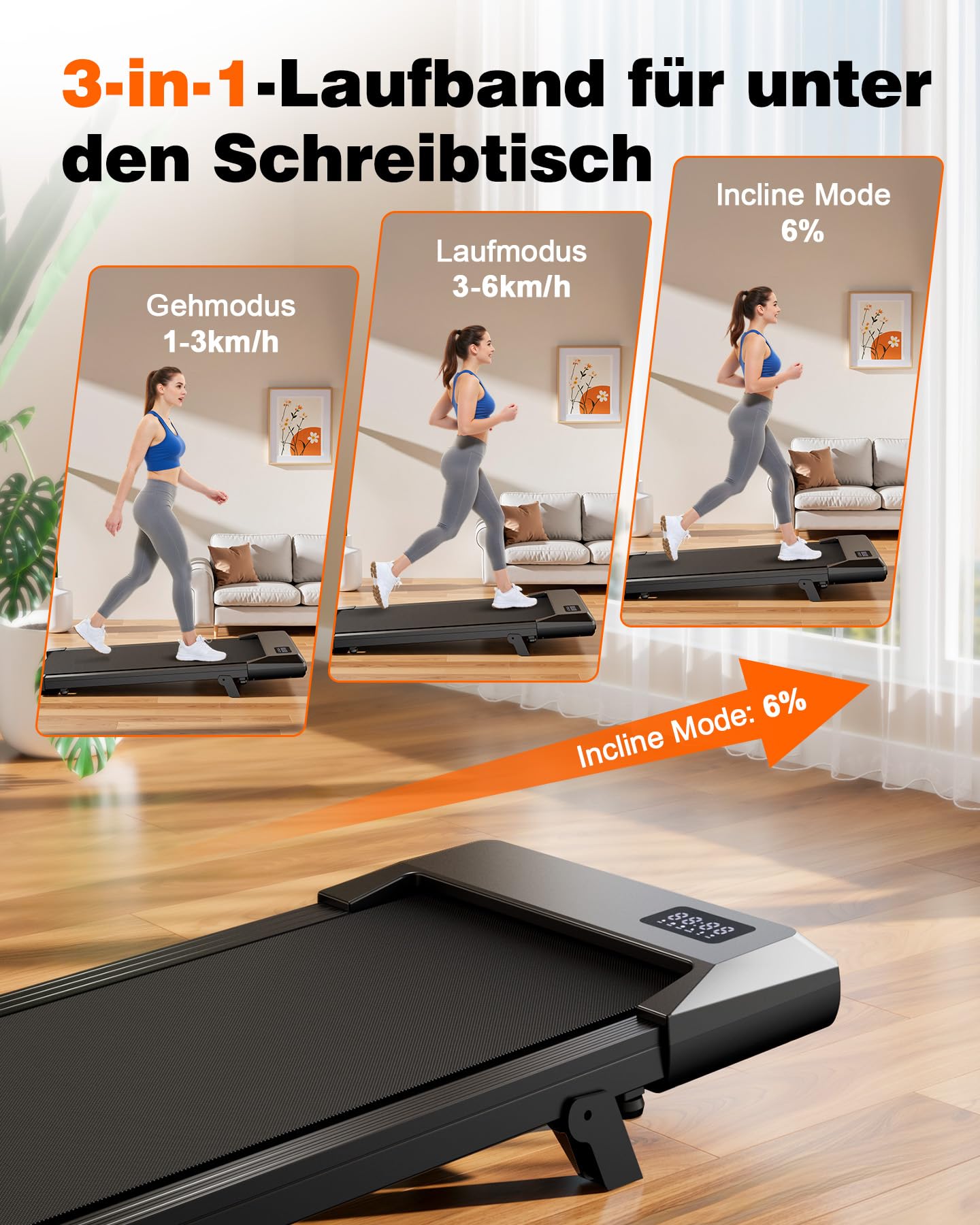 Superun Walking Pad mit Steigung, APP KI-Trainer, leises Büro Laufgerät | Lauffläche 38×100cm, passend für Stehschreibtisch, 6% Steigung, bis 136kg, <55dB leise, App mit KI-Trainer, mobil