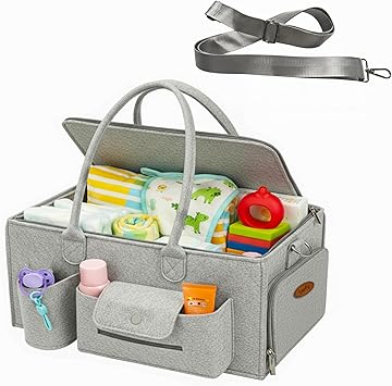 Felt Diaper Caddy Organizer with Lid, Large Baby Caddy Basket with Cover for Changing, Nursery Must Haves, Essentials Storage, Gift for Baby Shower, Large Felt Organizer, Grey