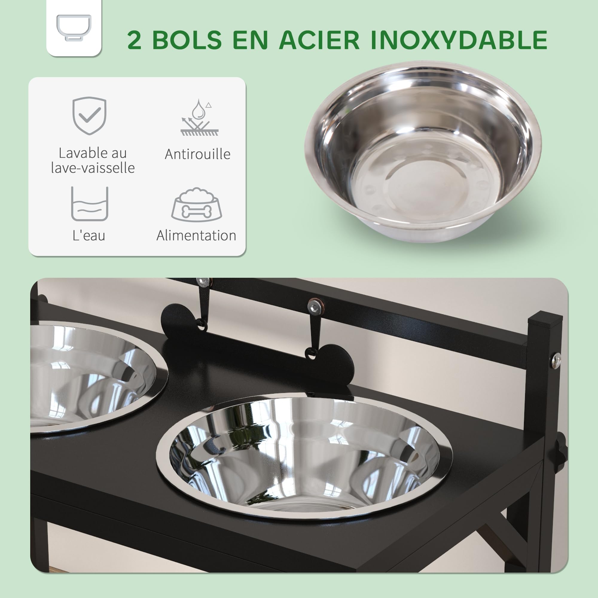PawHut Gamelles Surrélevées Chien Porte-Gamelle Ajustable 11 à 33 cm Noir | 2 Bols Amovibles en Acier Inoxydable, Plaque Motif Os