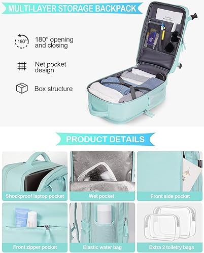 Miniatura 3 de Getravel Mochila de mano aprobada por aerolíneas, mochila de viaje para hombres y mujeres, Azul claro-verde, Mochilas de viaje