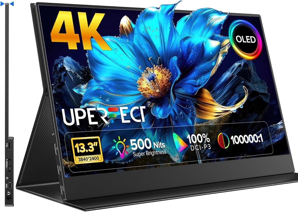 UPERFECT 4K OLED Monitor Portatil 13.3 Pulgadas Portable Monitor | 100000:1 Contrast | 500Nit | 100% DCI-P3 | 3840×2160 UHD | Mini HDMI USB C | Carcasa Metálica, Compatible con VESA
