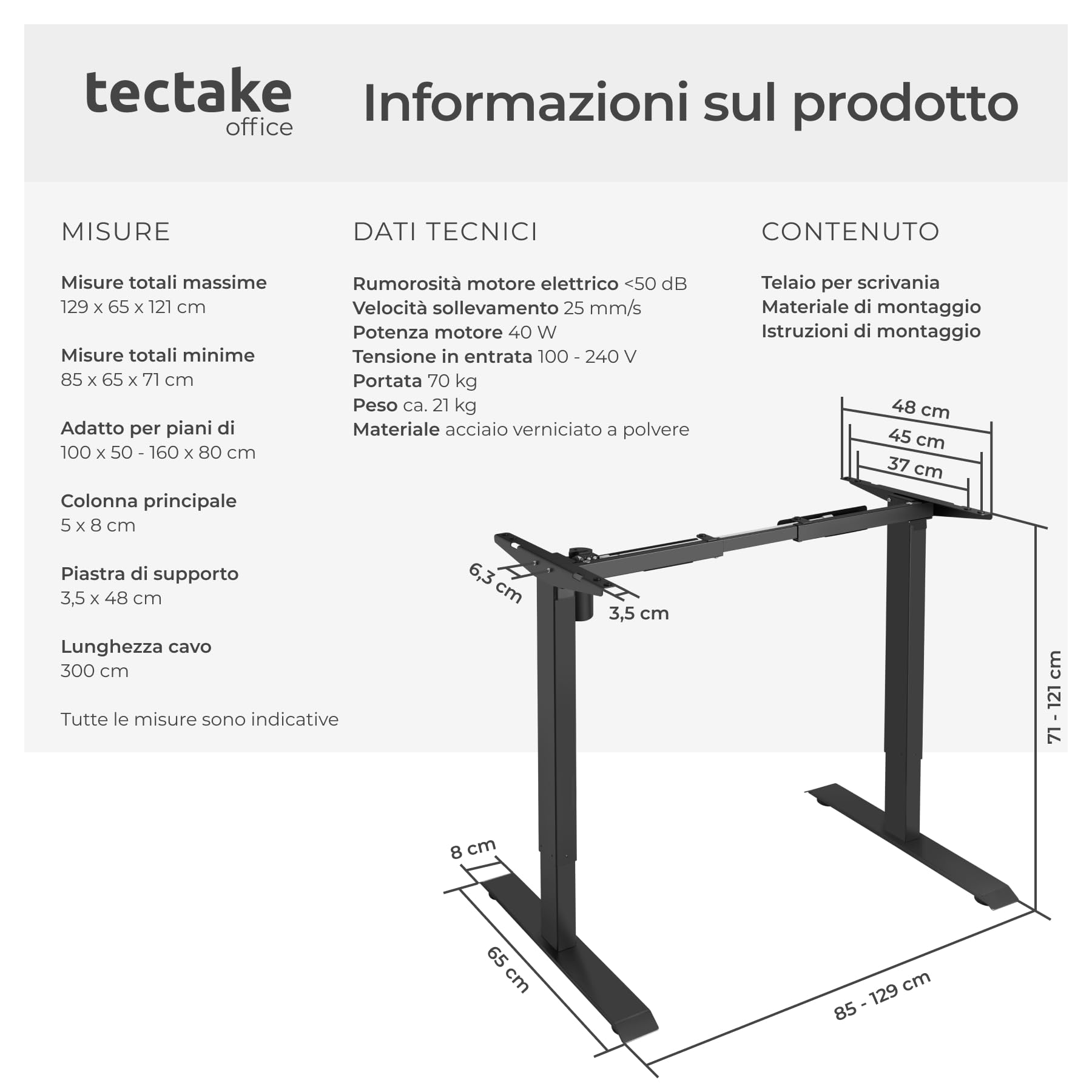 tectake® Telaio per Scrivania Regolabile in Altezza, 85-129 x 65 x 71-121 cm, portata max 70 kg, motore elettrico potente 40W, funzione memoria, in acciaio, Tavolo Ufficio, Scrivania Gaming - Nero