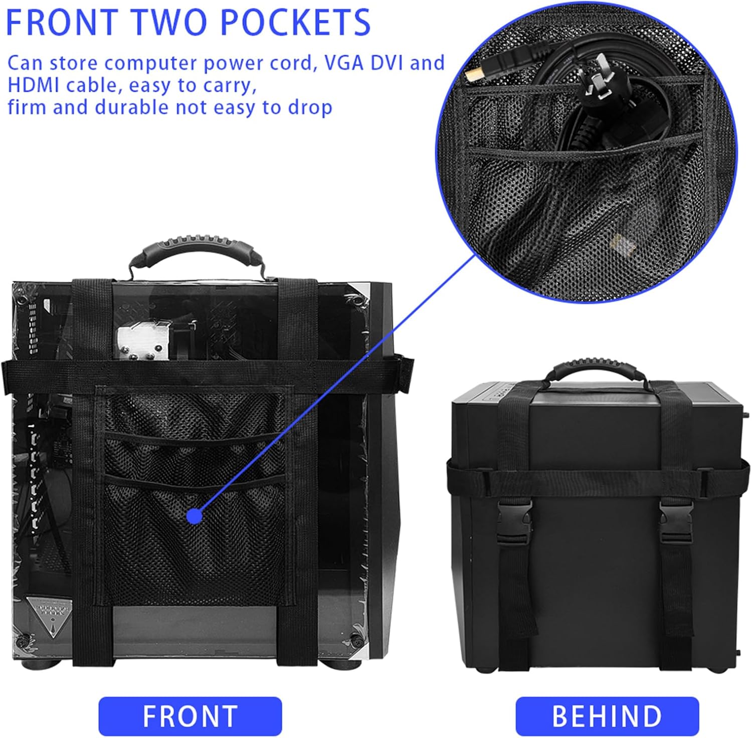Office PC Tower Carrying Strap Adjustable Desktop PC Case Belt Holder Travel Carrier Harness with Handle and Pockets Accessories