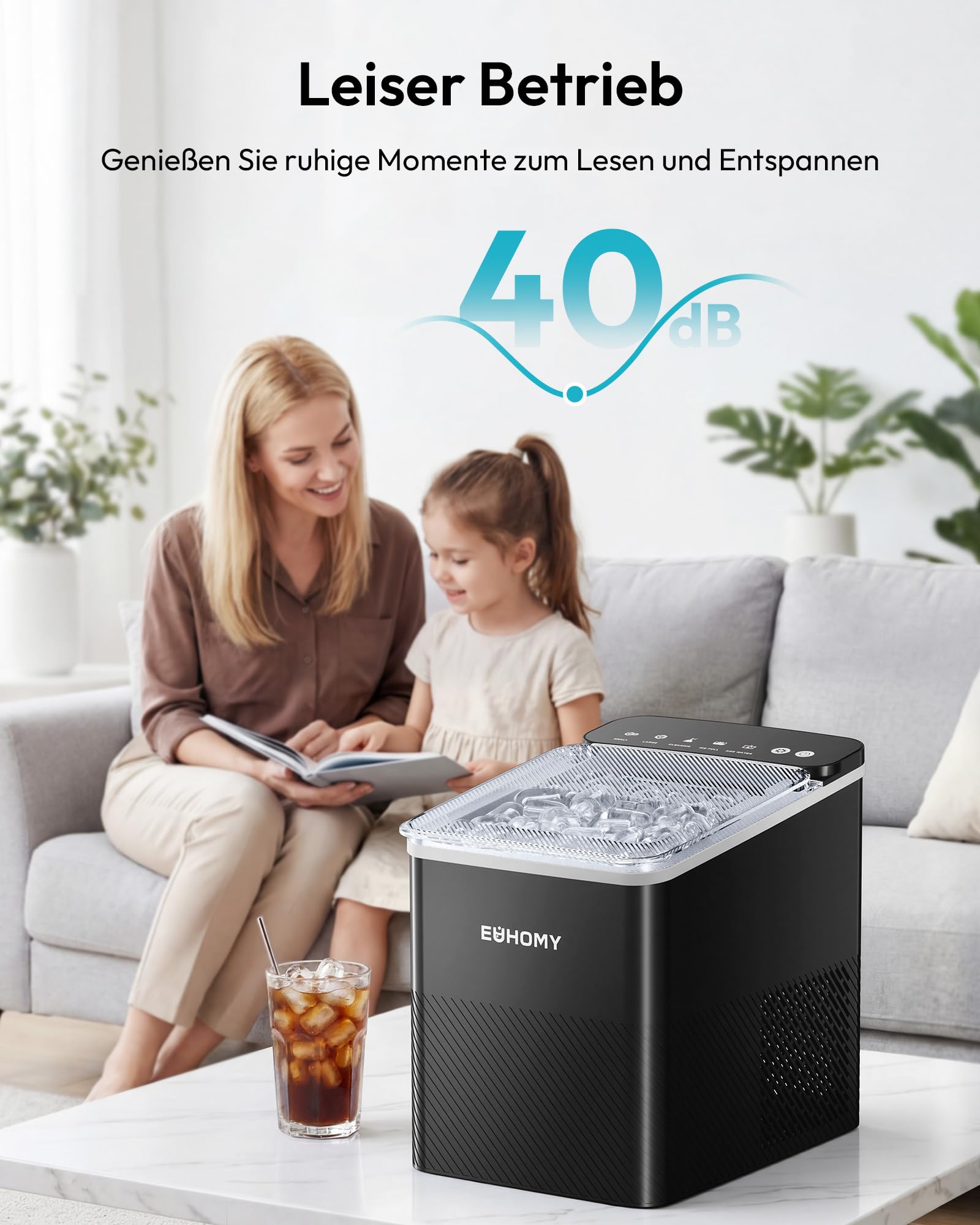 EUHOMY Eiswürfelmaschine, Kompaktes Design, 9 Eiswürfel in 2 Größen, Automatische Reinigung, schwarz